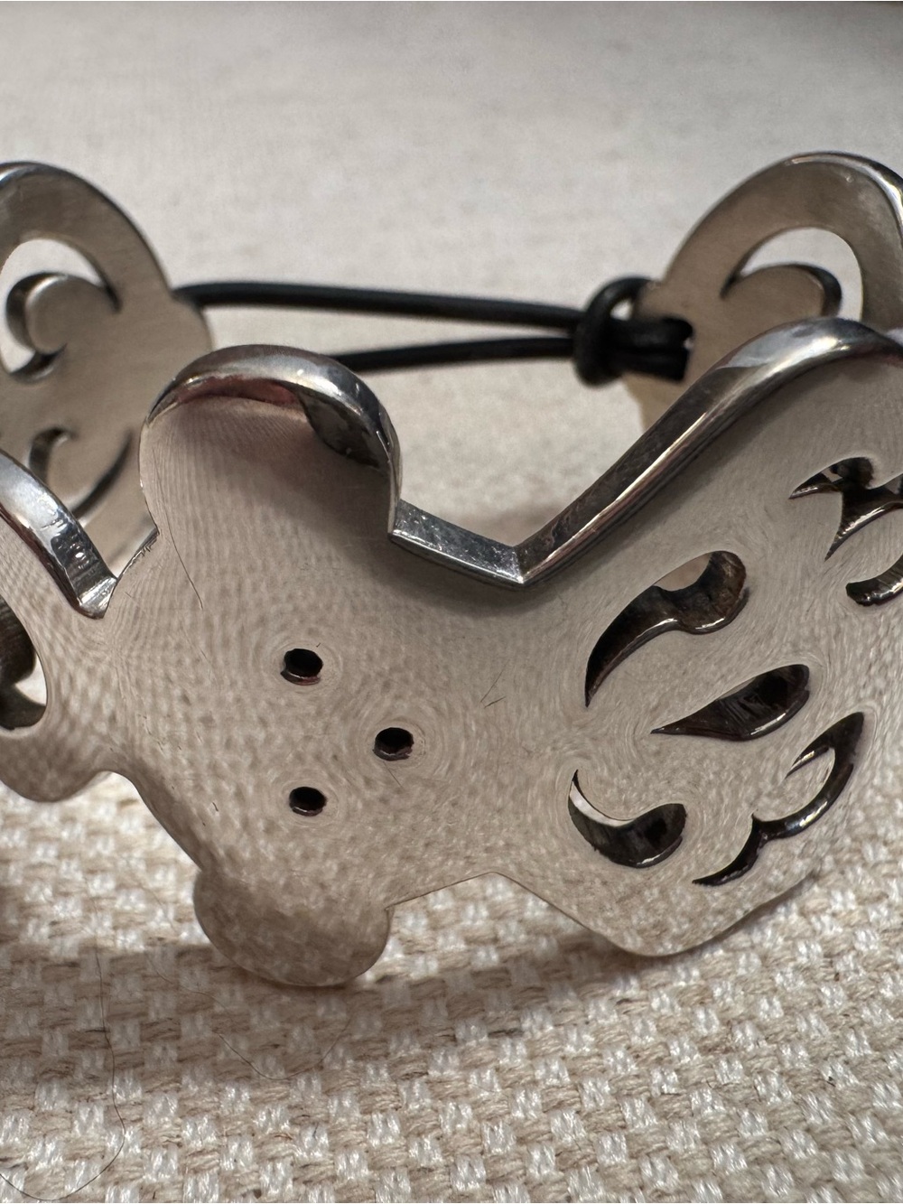Silver Tous Teddy Bear Metal Cuff Bracelet with Black Cord